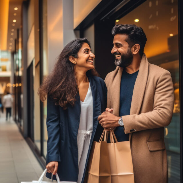 Happy indian couple enjoying shopping together.